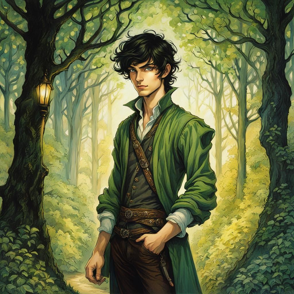 Fairytale Man at Forest Crossroads in Radiant Rackham Style