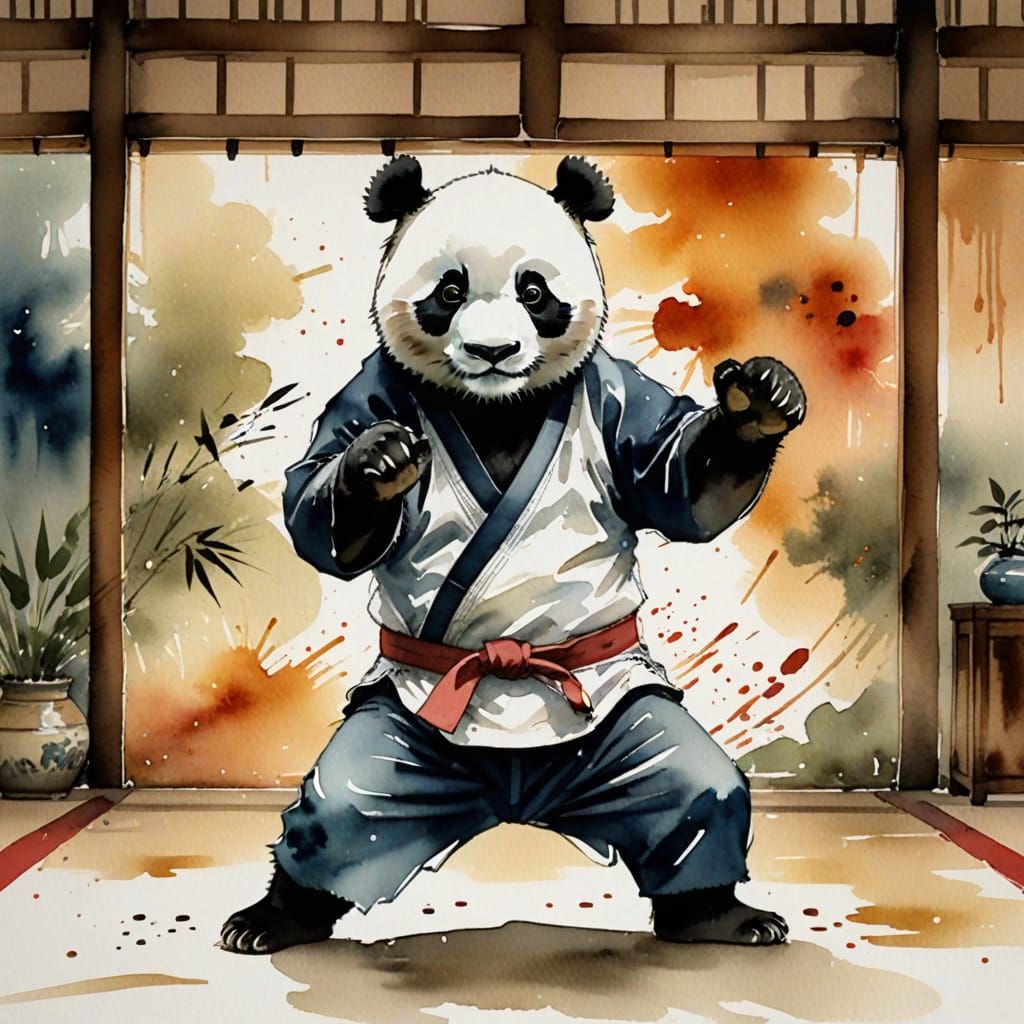 Panda Karate in Dojo Watercolor Painting