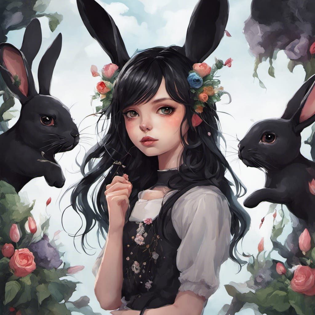 Girl with Black Bunny Ears and Bunnies