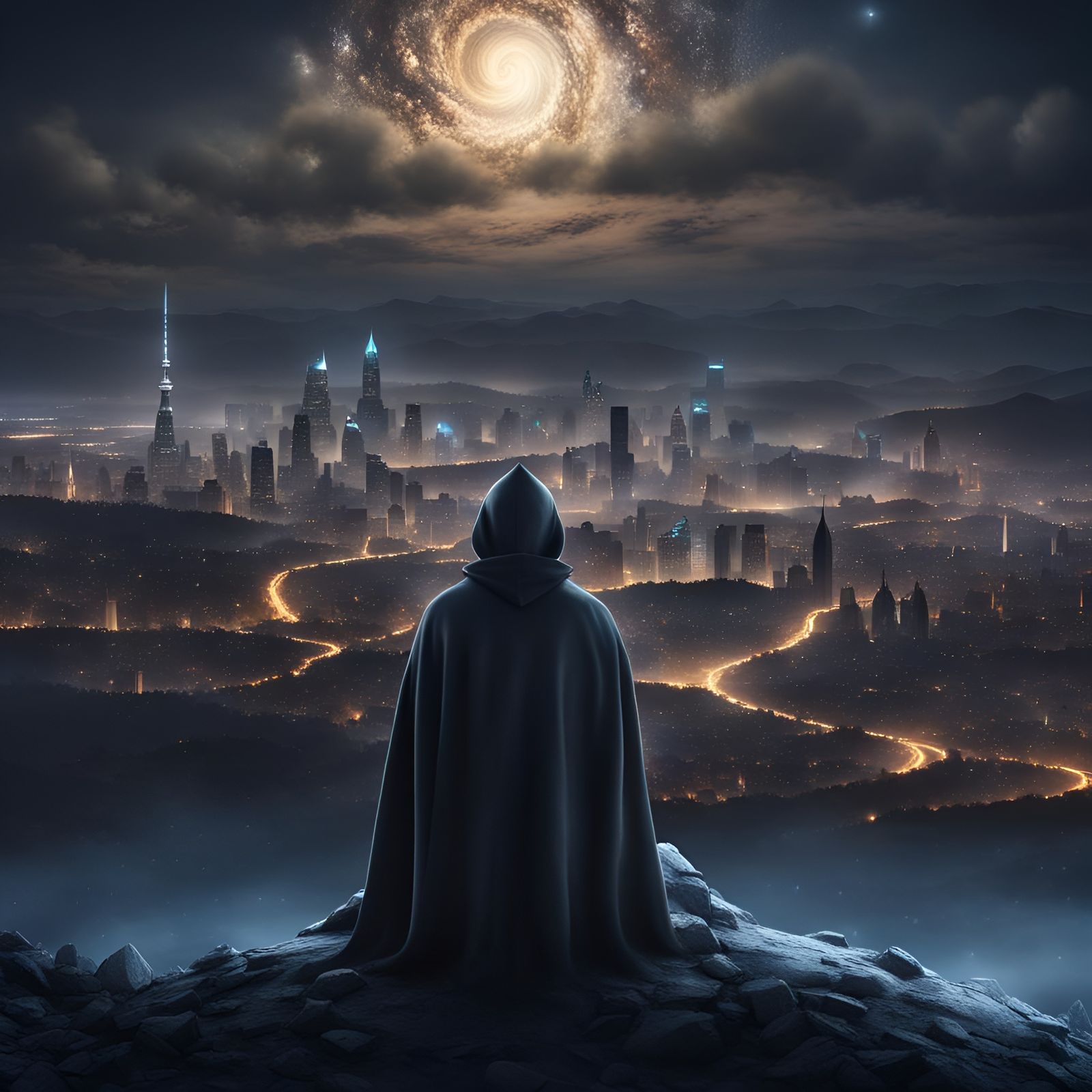 Epic Cityscape View Under Starry Night Sky