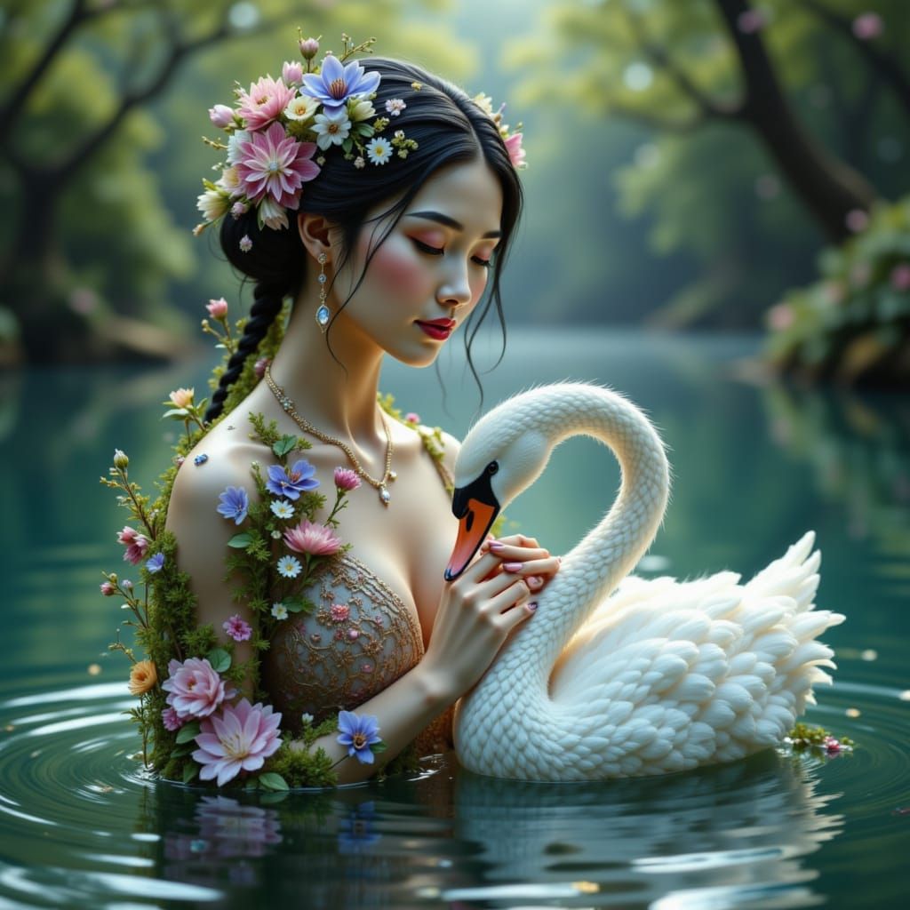 Gemstone Maiden and Swan Emerge from Serene Lake