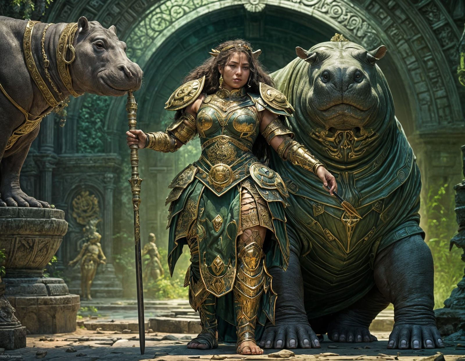 Hippo-Human Hybrid Amazon in Art Nouveau Style