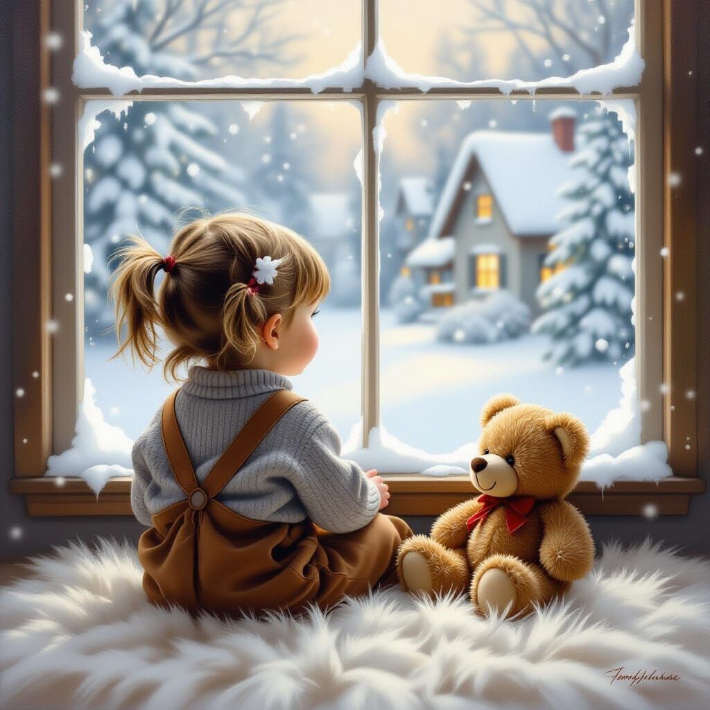 Child Gazes at Snowy Window in Cozy Hyperrealistic Painting