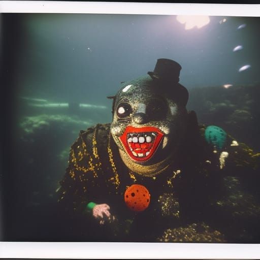 Creepy Sunken Clown Animatronic in Polaroid Style