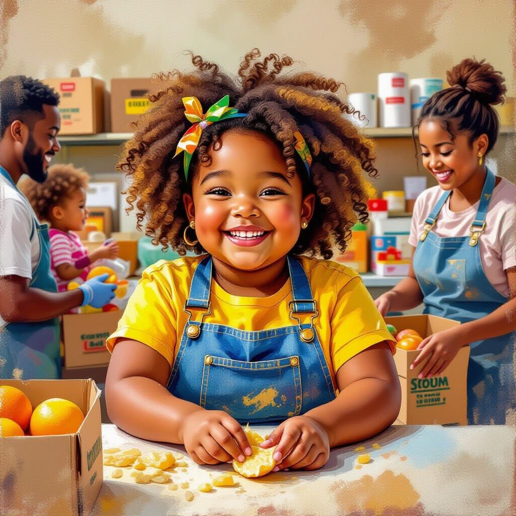 Joyful Little Girl Helping at Food Pantry