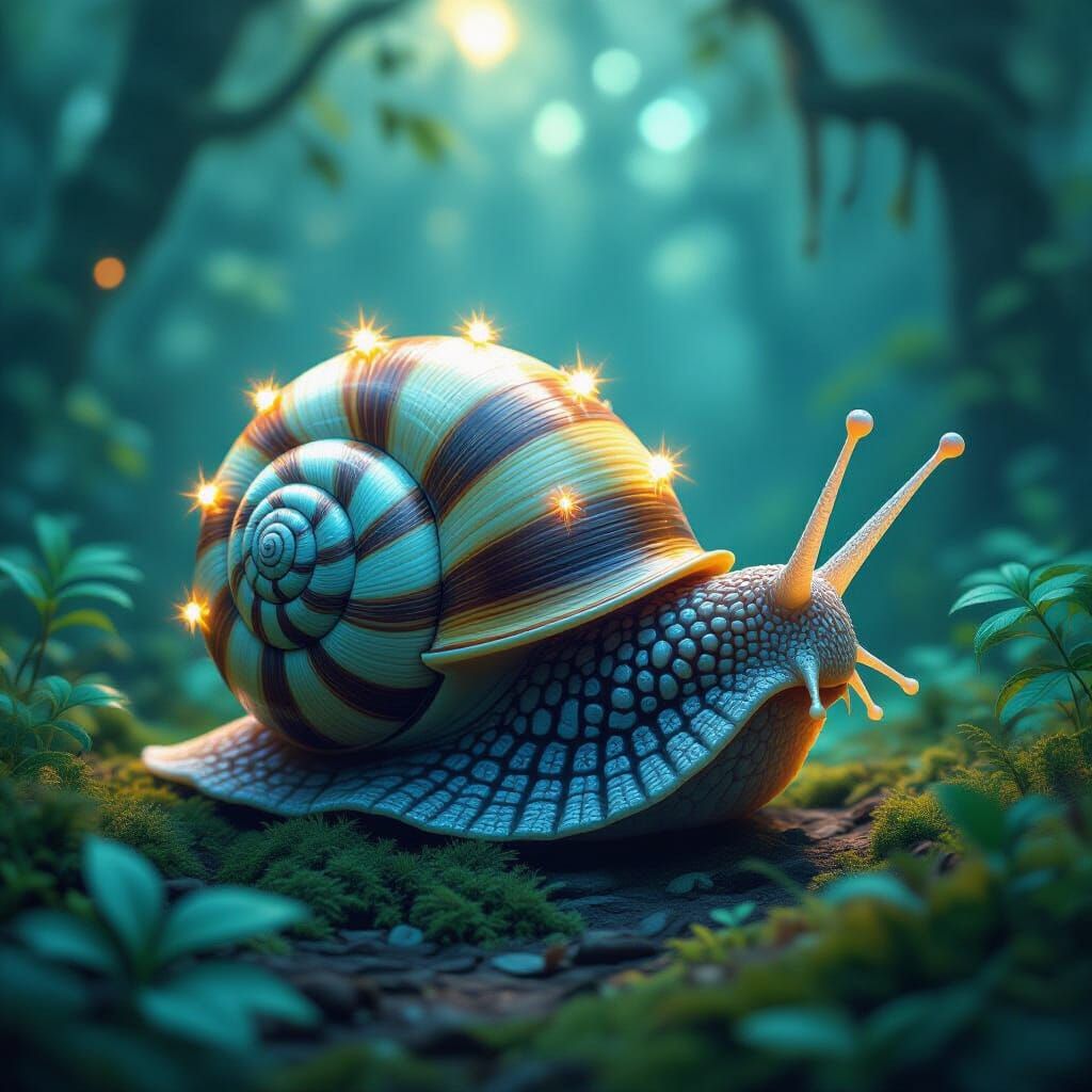 Bioluminescent Snail-Tiger in Hyperrealistic Forest