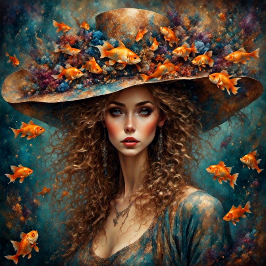 Elegant Woman with Goldfish Hat in Tapestry Style