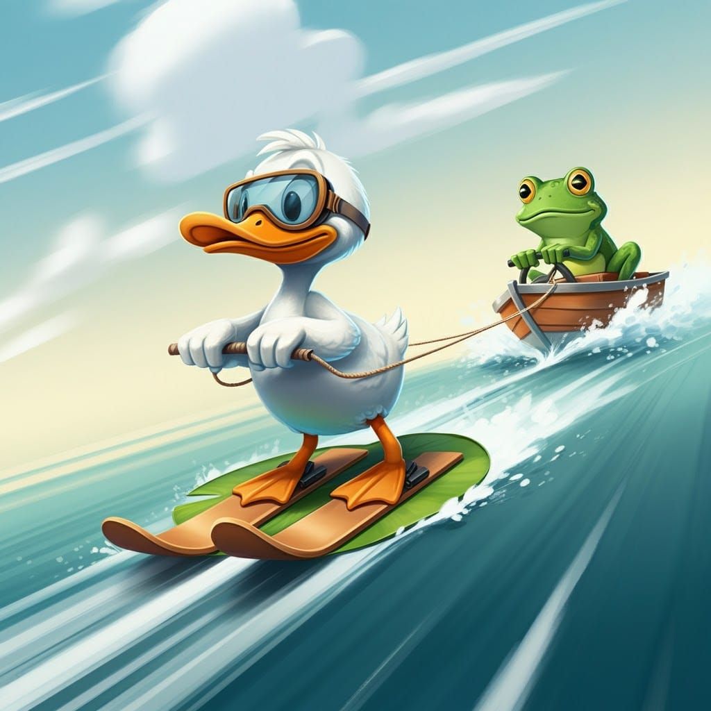 Whimsical Duck on Skis Pulled by Frog