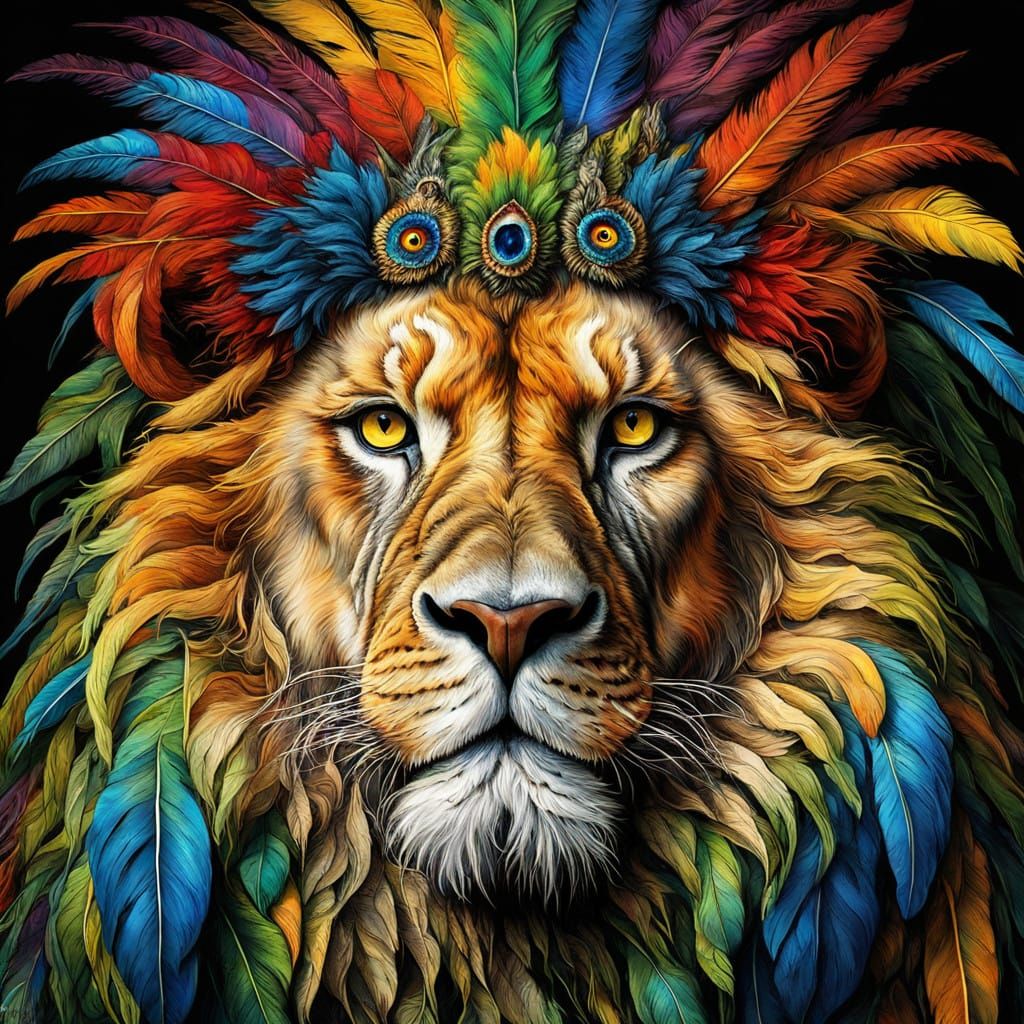 Fantastical Creature with Lion Fur and Parrot Feathers