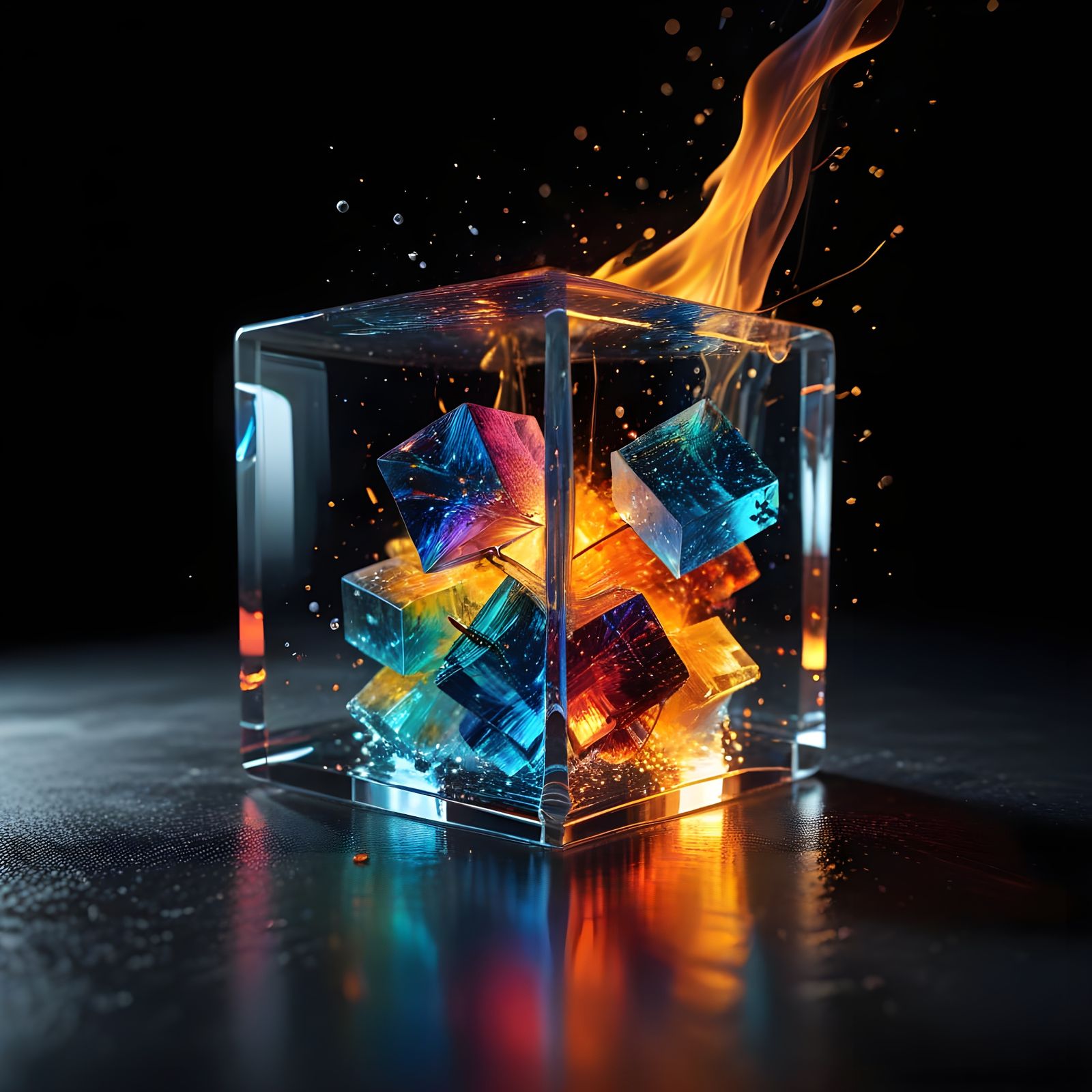 Reflective CMY Cube with Rainbow Double Exposure