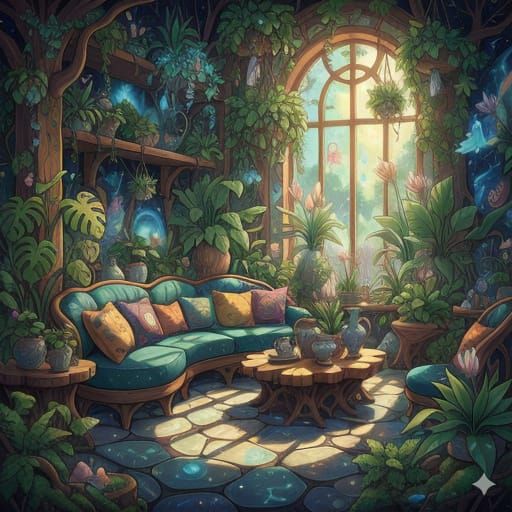 Lush Green Living Room Bathed in Sunlight