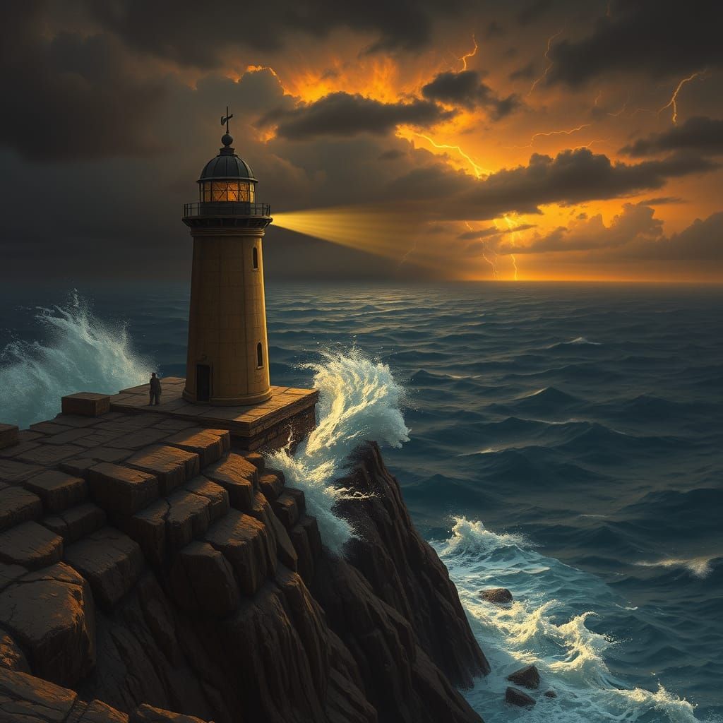 Dramatic Lighthouse on Cliff in Stormy Seas