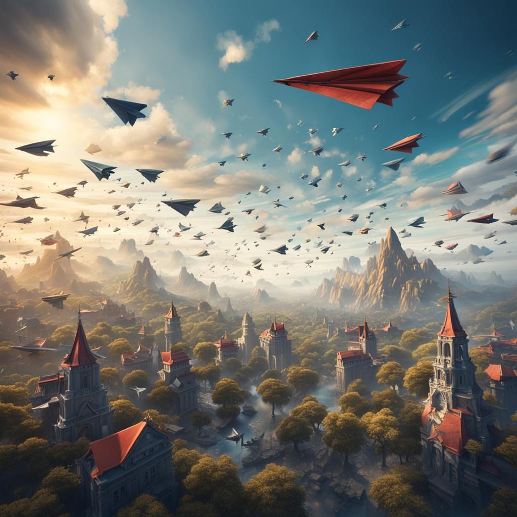 Paper Airplane Leads Flight to Sky: Digital Art