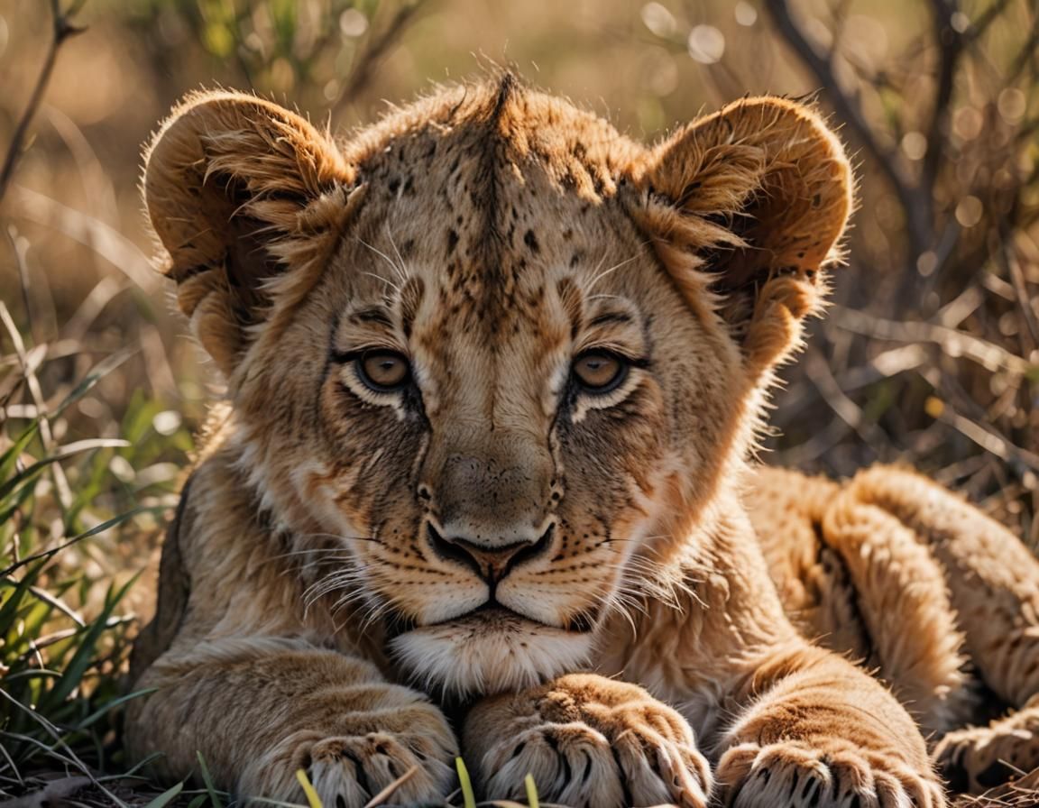 Lion Cub Sleeping in Savanna in Warm Light