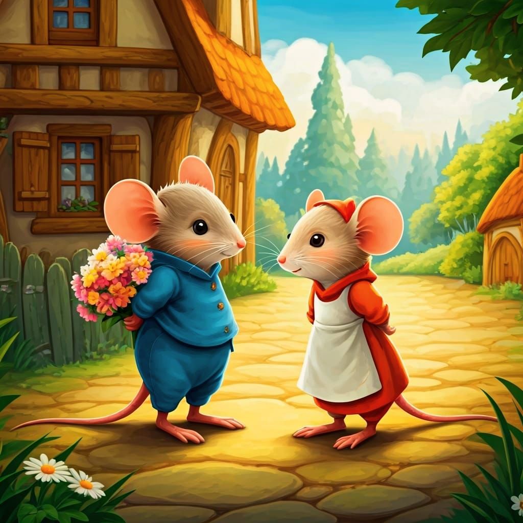 Bashful Mouse Courtship in Hyperreal Cartoon Style