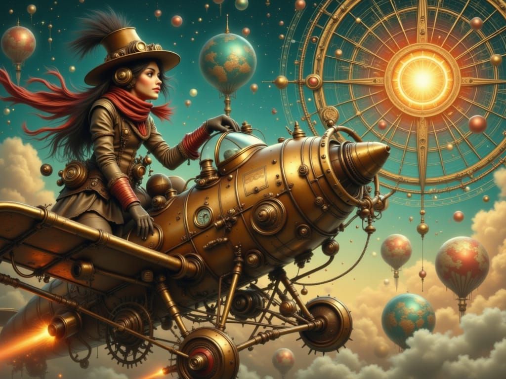 Steampunk Explorer Pilots Plane Through Crimson Sky