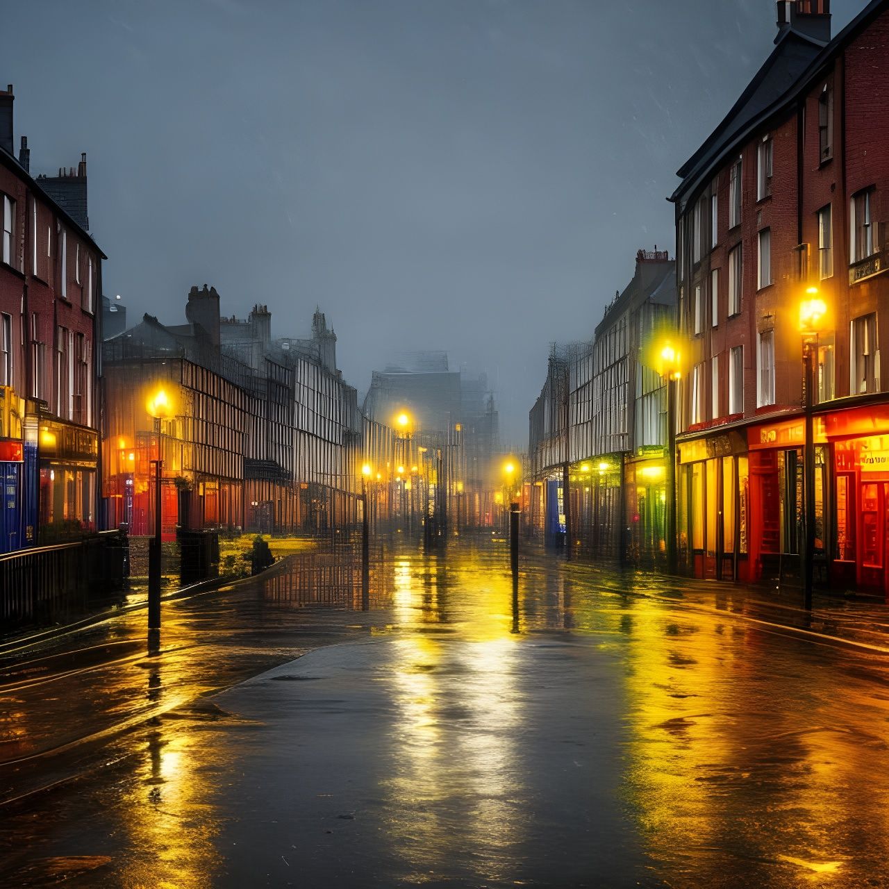 Rainy Dublin Street in 1890 in Impressionist Style