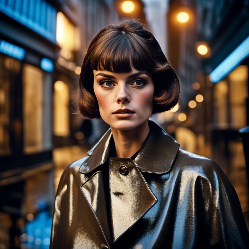 1960s Girl in Black Raincoat, London Street Scene