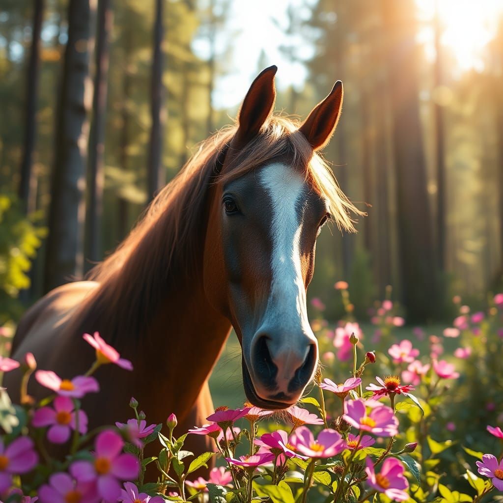 Sorrel Horse Smelling Flowers in Sunny Forest