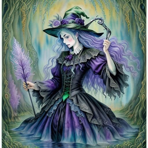 Witch-Wraith with Wand in Watercolor Style