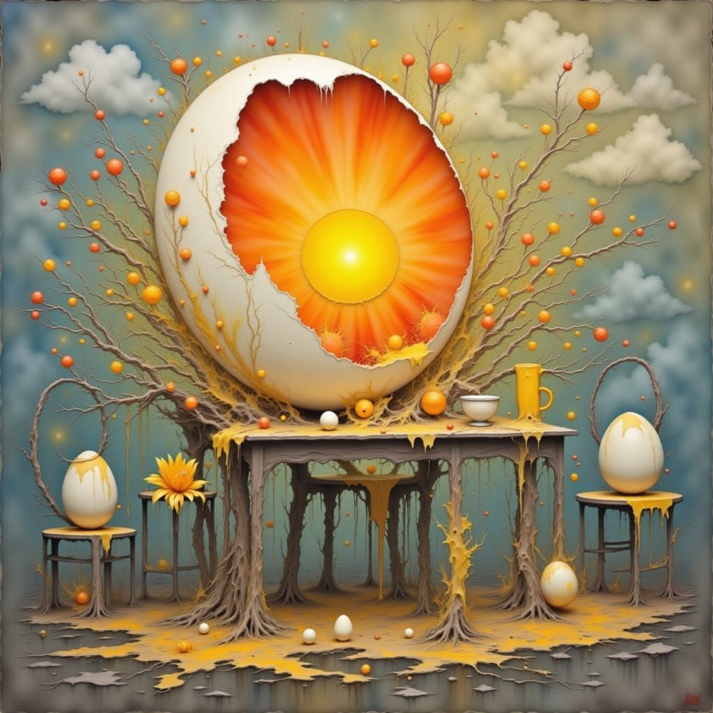 Surreal Sun Hatching from Egg, Mixed Media