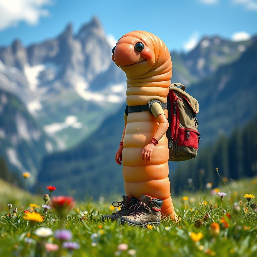 Giant Worm Hiker in Austrian Alps, Detailed Illustration