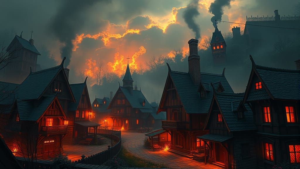 Medieval Village Inferno in Deep Fantasy Colors