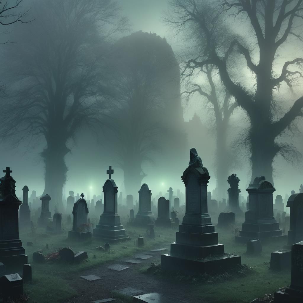 Ethereal Cemetery Scene in a Radiant Mist