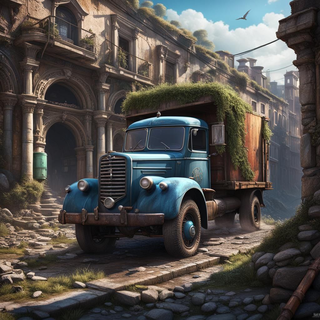 Lancia Truck in Abandoned City: Matte Painting