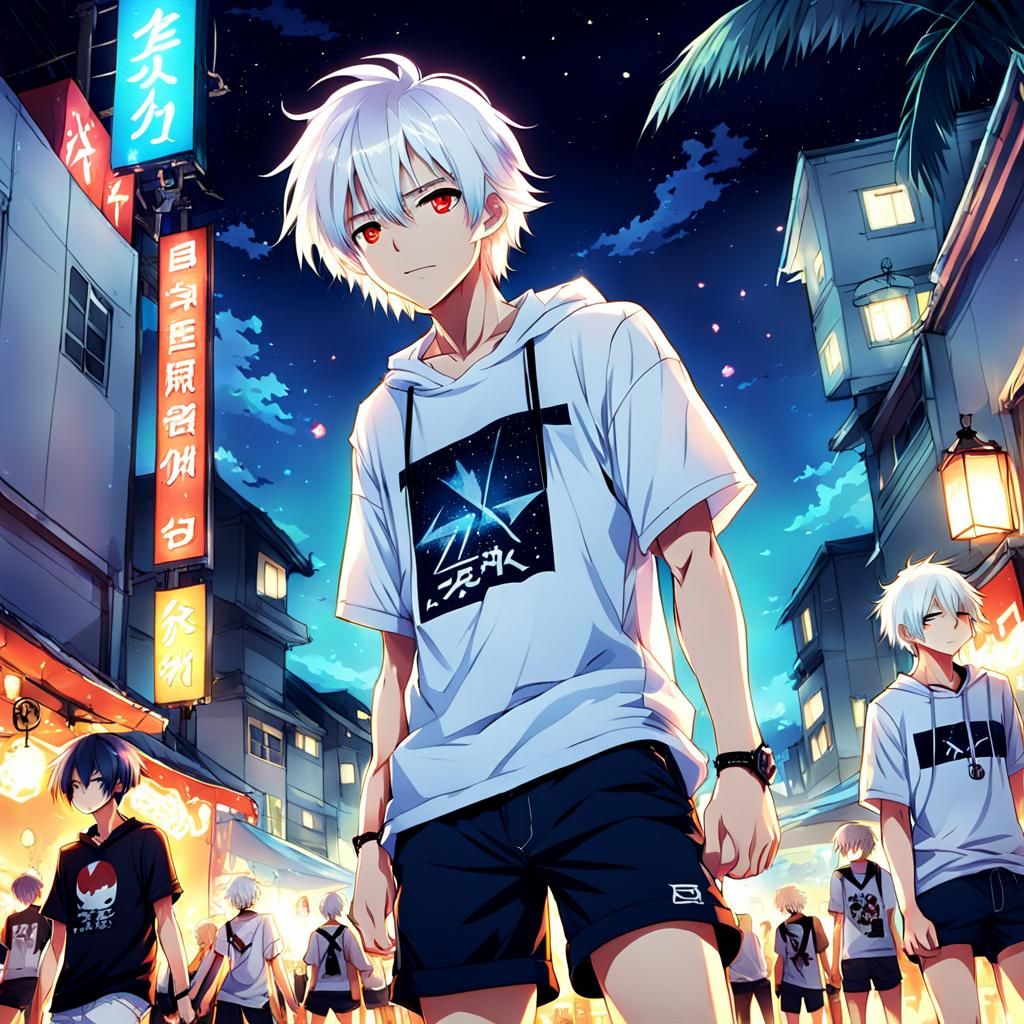Anime-Style Teen Boy at Night Party