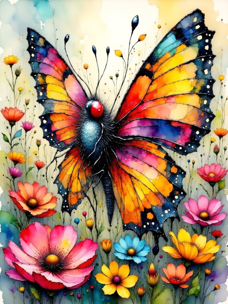 Bemused Butterfly Among Flowers in Cartoon Style