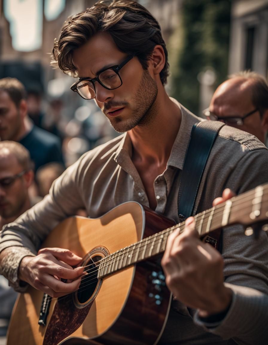 Man Playing Guitar in City Square: Photorealistic Image