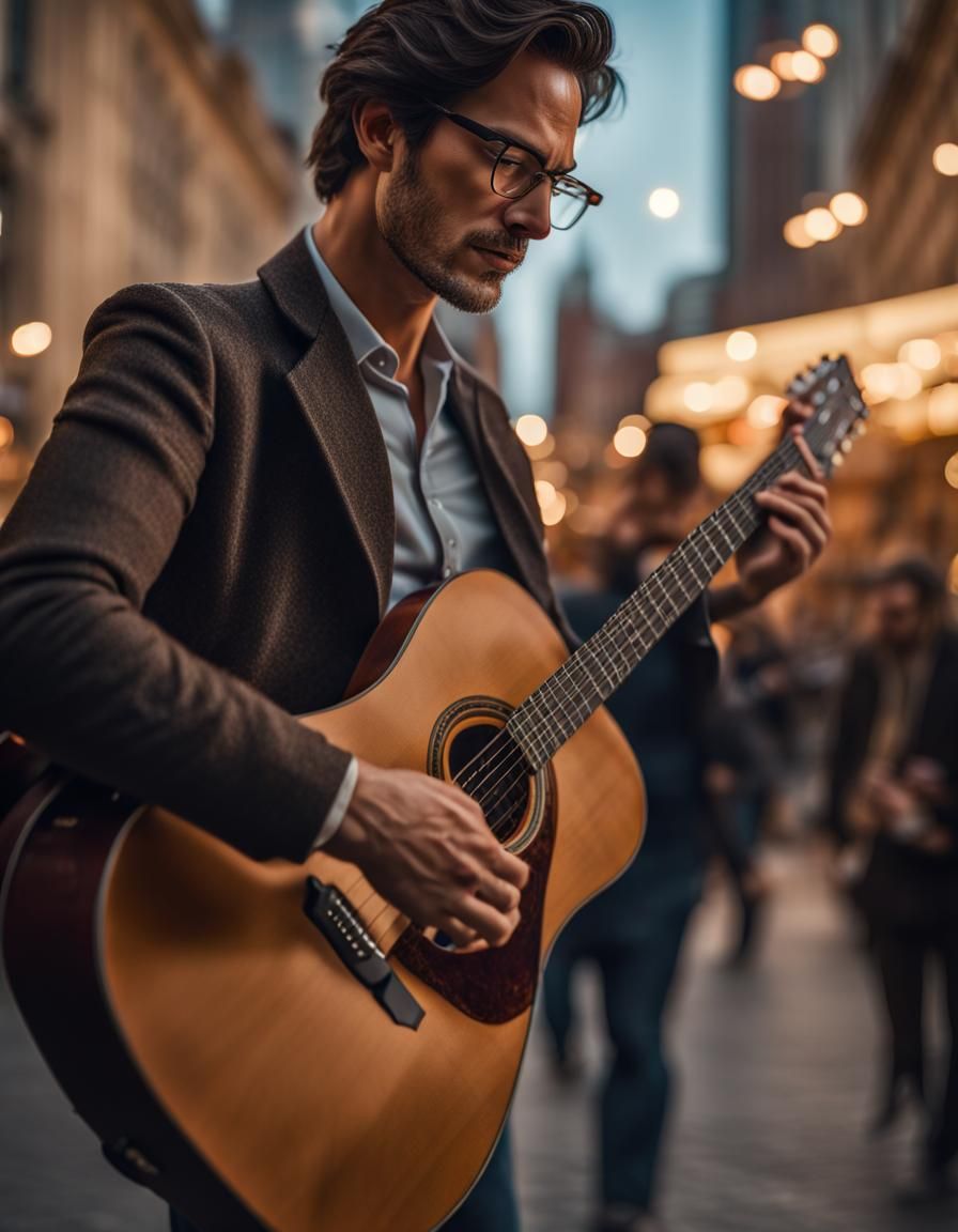 Man with Guitar in City Square, Photorealistic Style