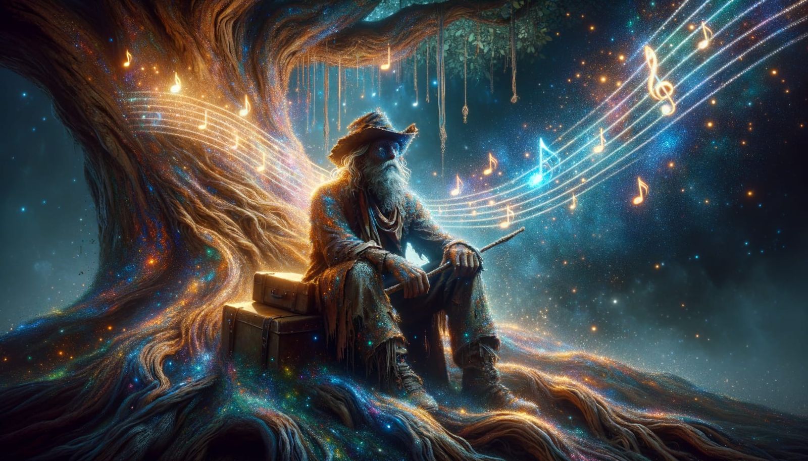 Adventurer Under Ancient Tree in Magical Landscape