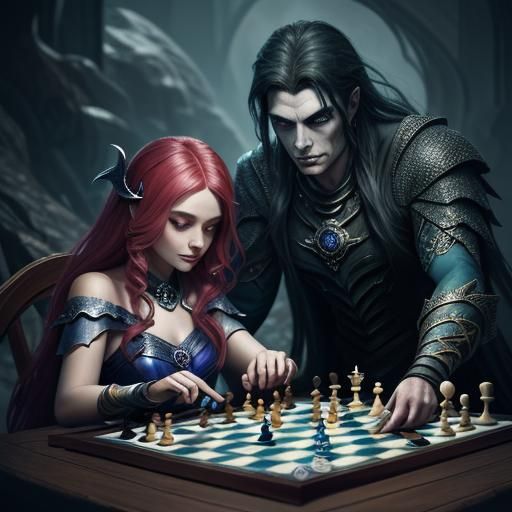 Mermaid and Vampire Chess Game: Detailed Fantasy Art