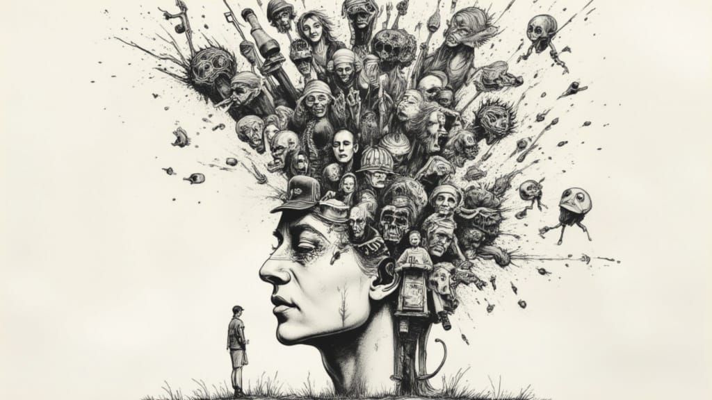 Eclectic Characters Erupting From Face Profile