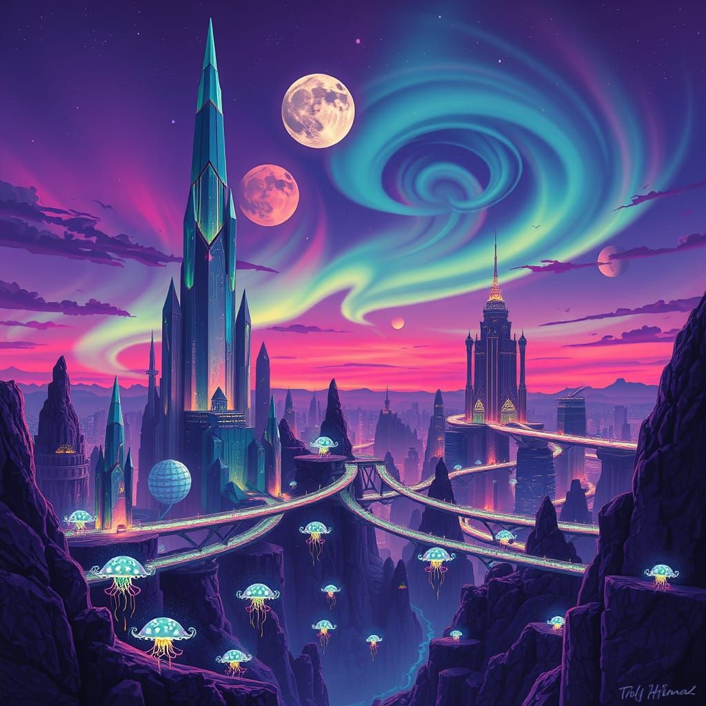 Otherworldly Crystal Cityscape Under Two Moons