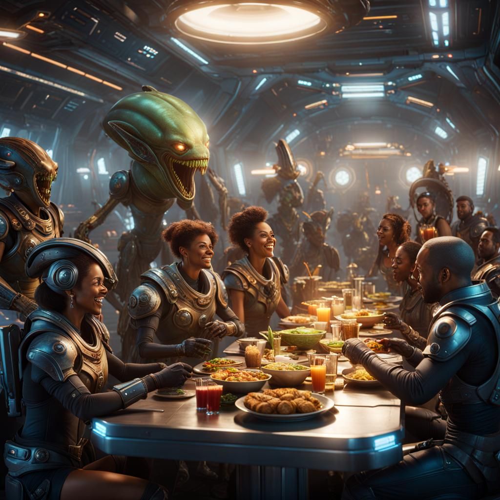 Crews, including aliens, gather in the spaceship mess hall to share laughter and enjoy a meal.
