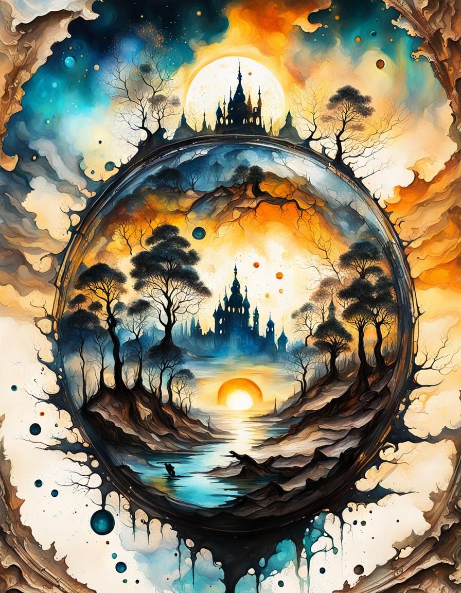 Surreal Sunset Painting: Rococo Masterpiece with Double Expo...