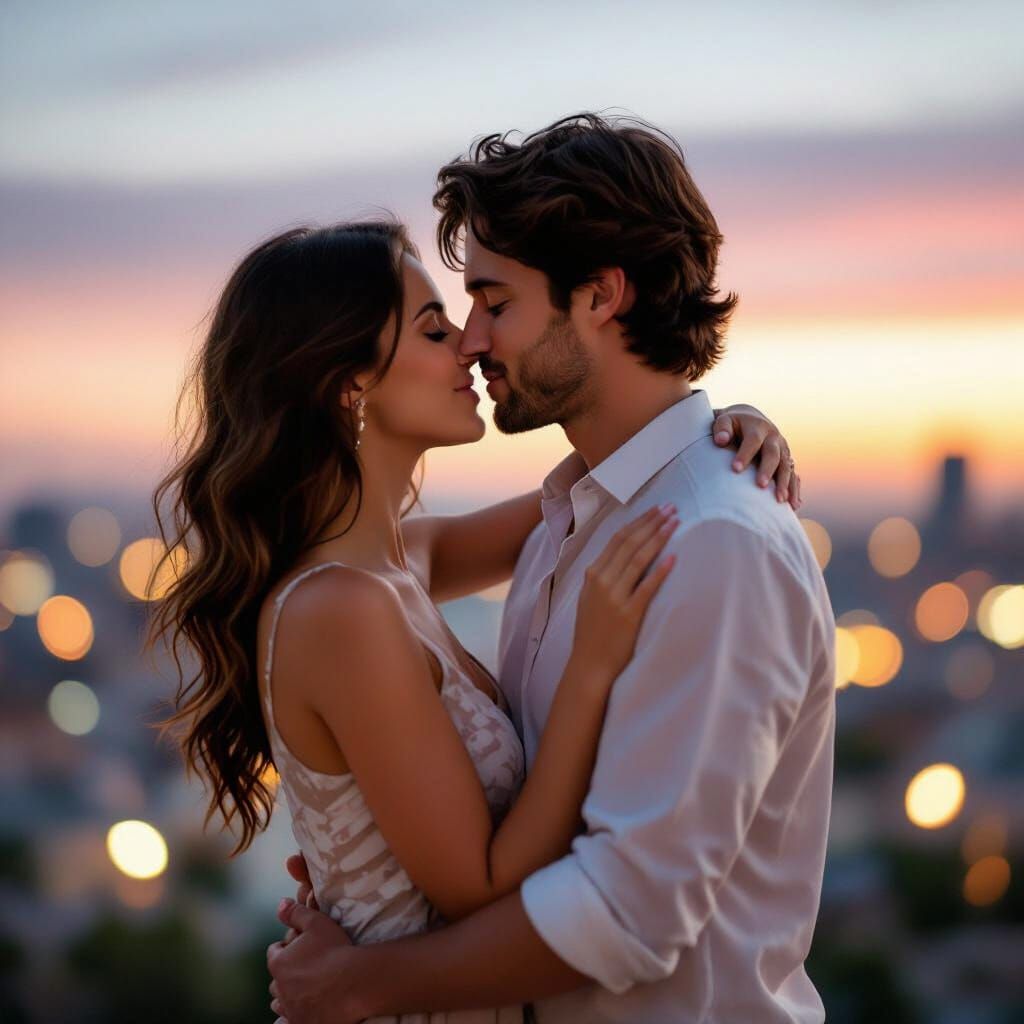 Couple Kissing in Romantic Cityscape Twilight