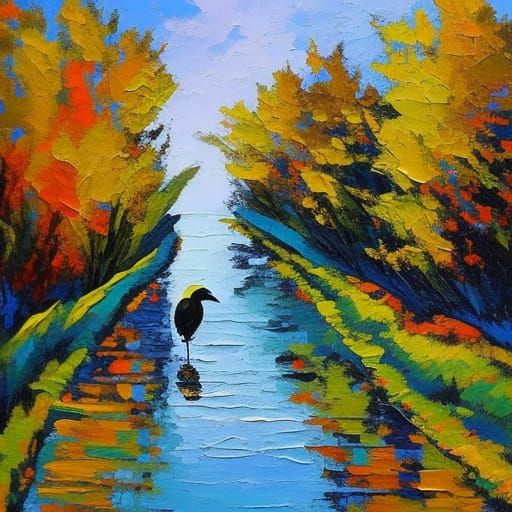 Hooded Crow Skipping: Expressionist Oil Painting