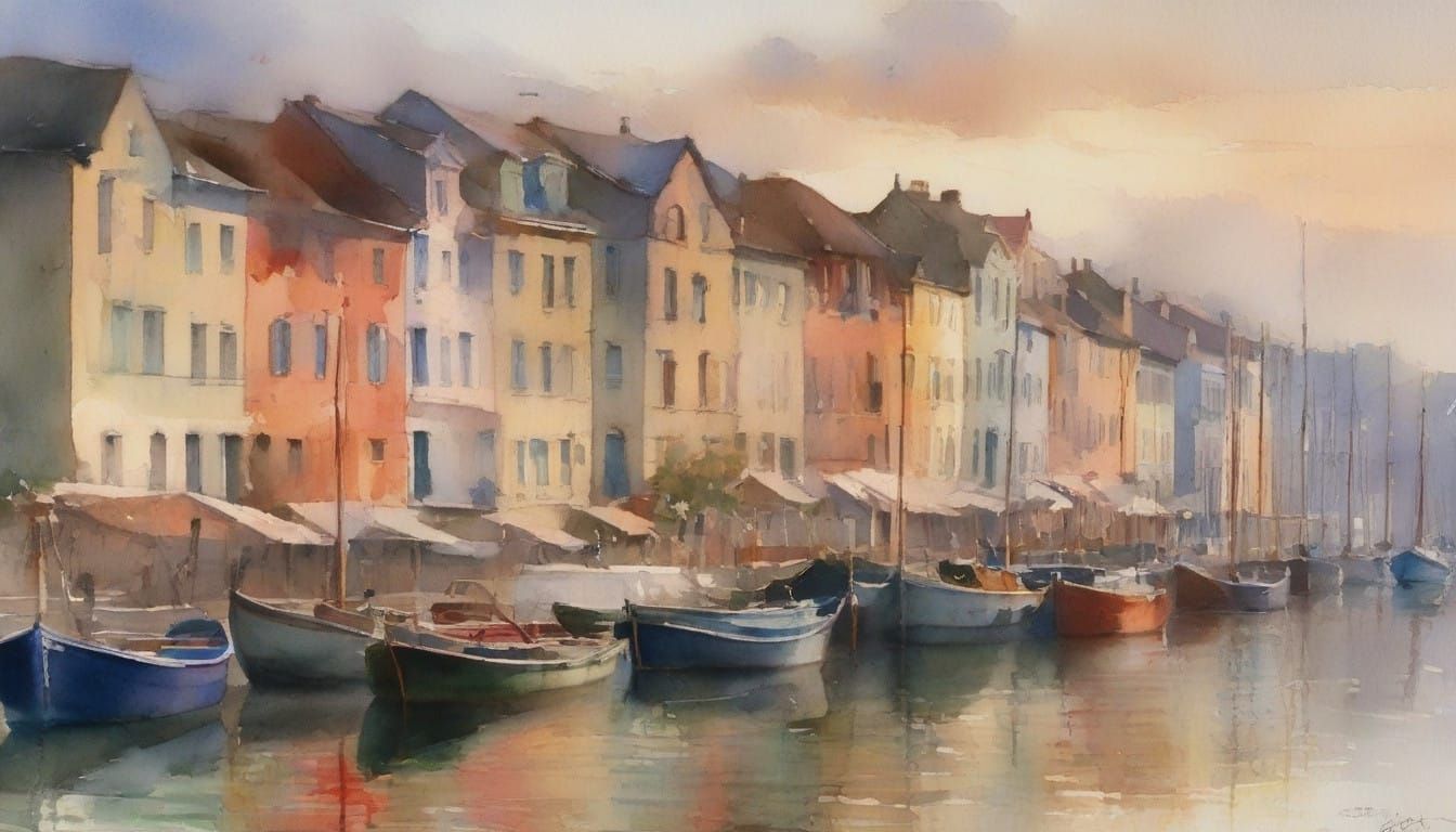 Vibrant Harbor at Dawn in Watercolor Style