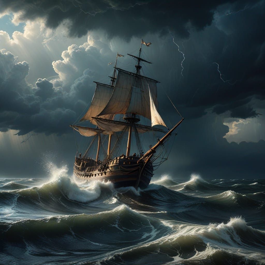 Dramatic Old Ship Battles Turbulent Stormy Sea