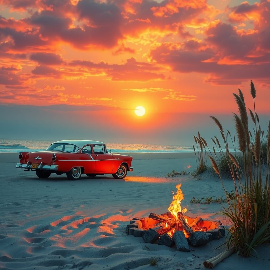 Vintage Car Parked on Beach at Sunset