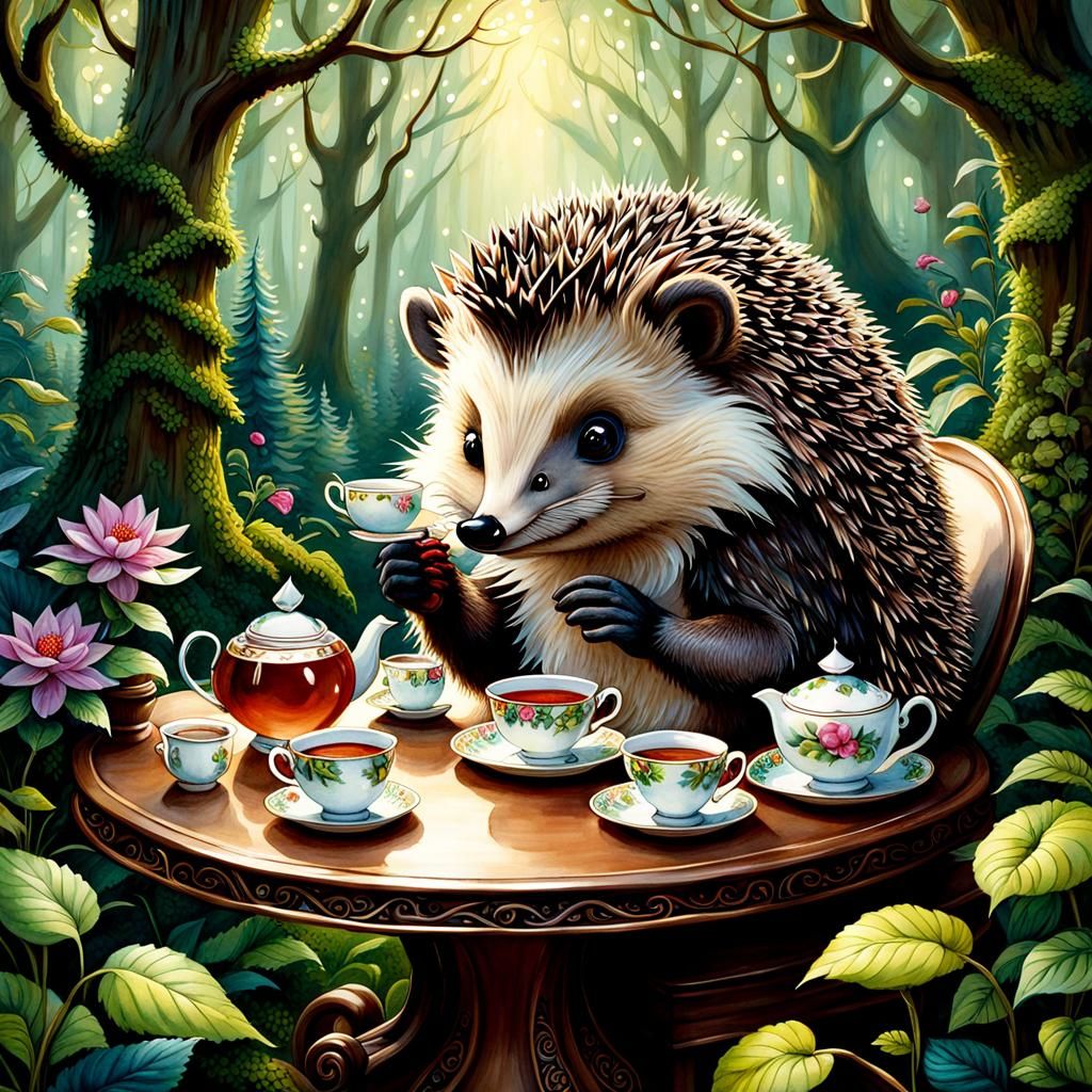 Whimsical Hedgehog Tea Party in Fantasy Forest