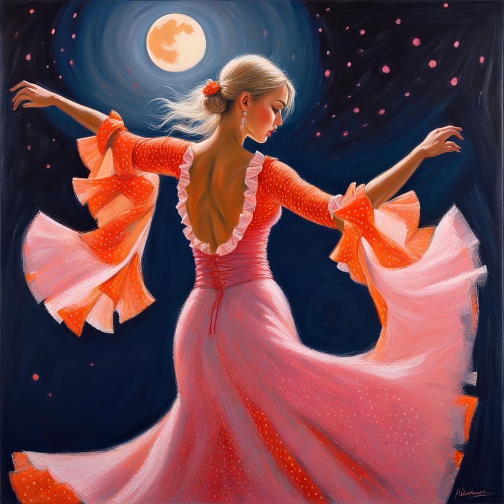 Flamenco Dancer in Moonlight: Oil Pastel Painting