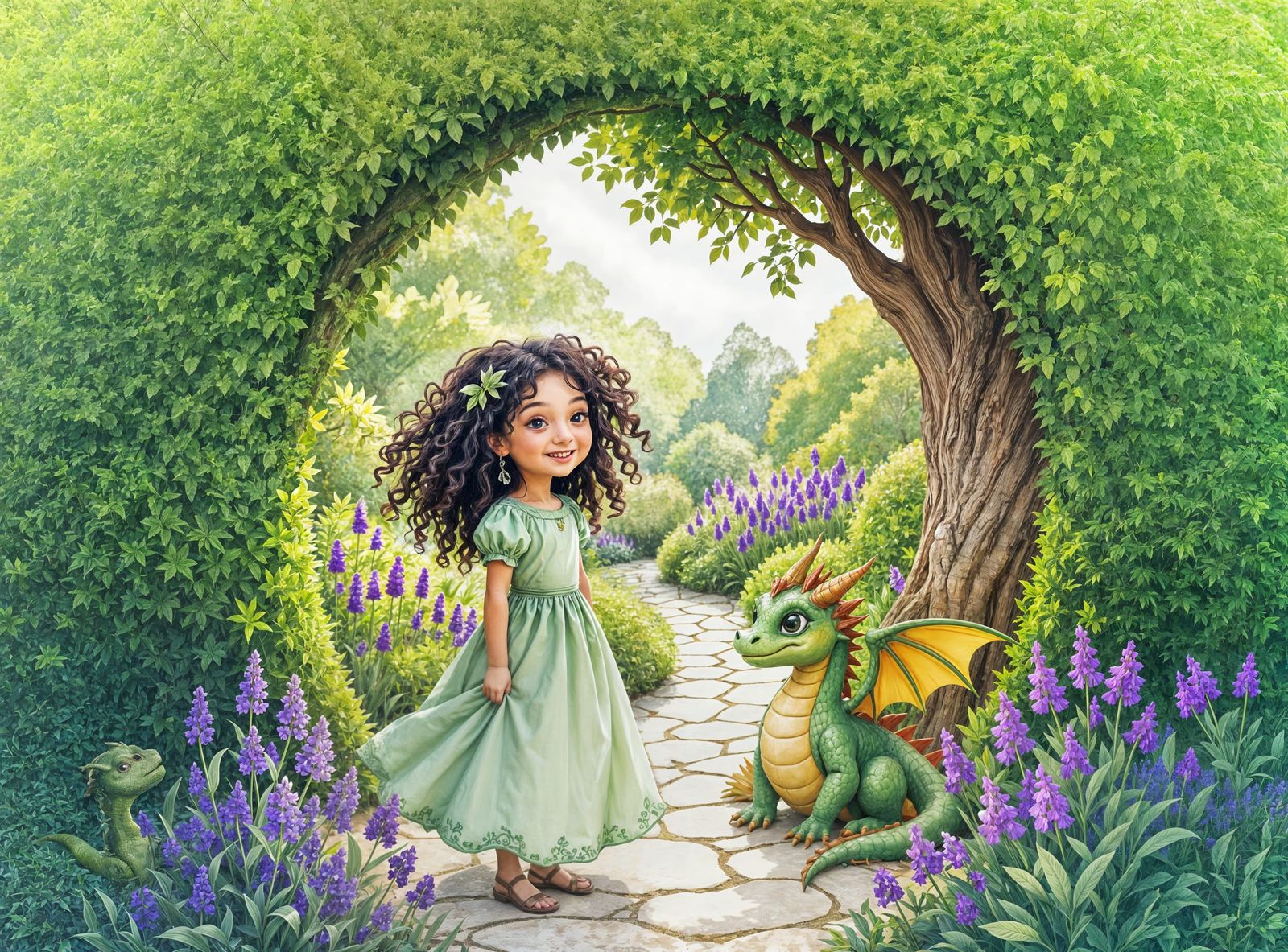 Girl Greets Dragon Hatchling in Enchanted Garden
