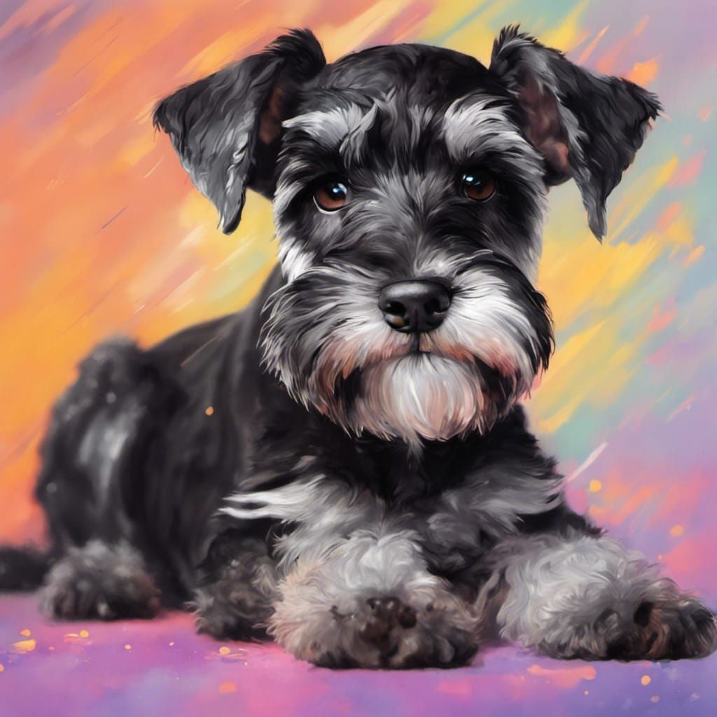 Hyperrealistic Miniature Schnauzer Puppy with Colorful Backg...