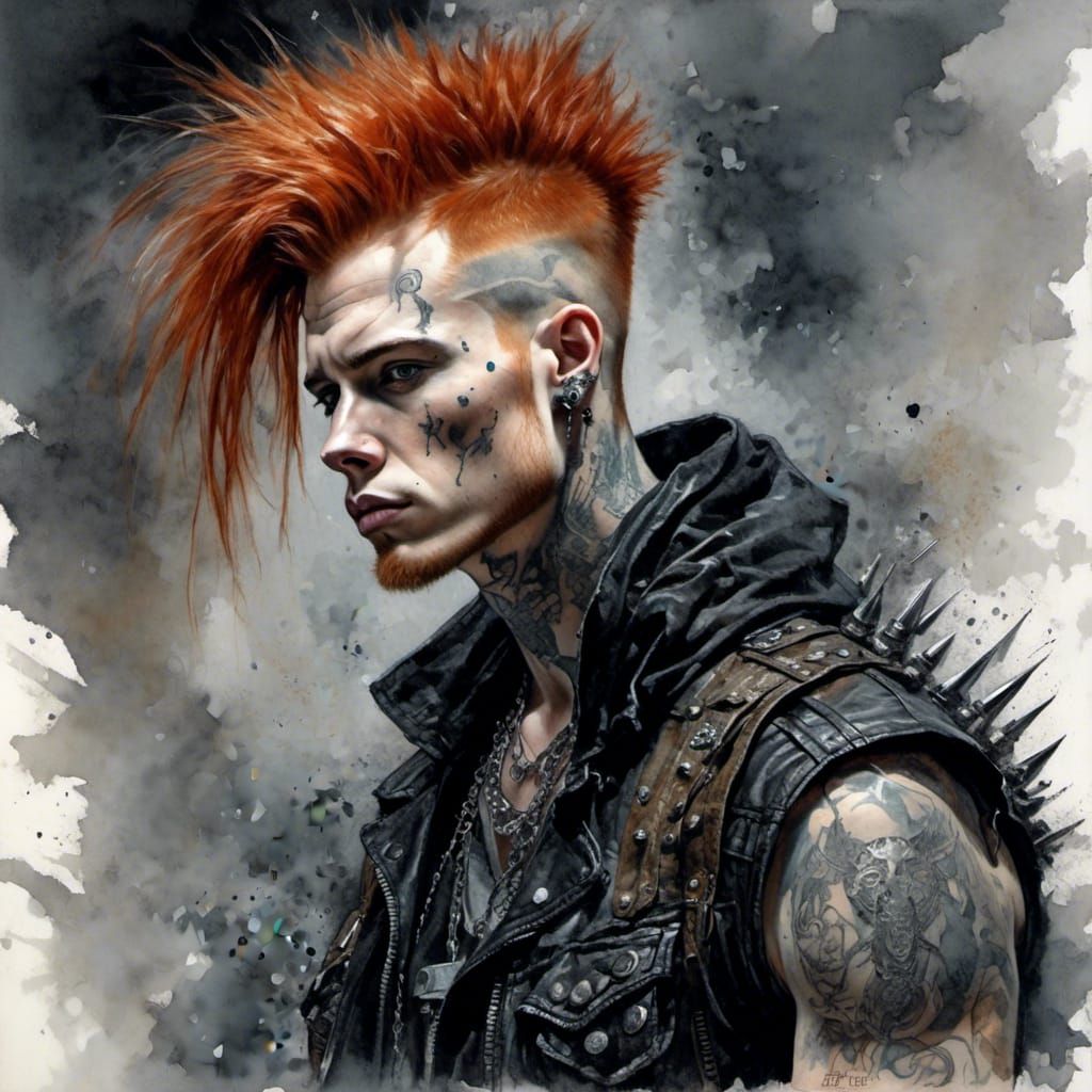 Punk Ginger with Spiked Metal Jewelry in Watercolor