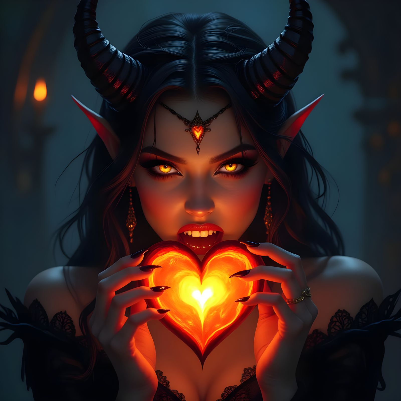 Darkly Beautiful Demoness Biting a Golden Heart